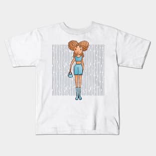 Cute girl with a blue outfit and boots and holding a purse in her hand. Kids T-Shirt